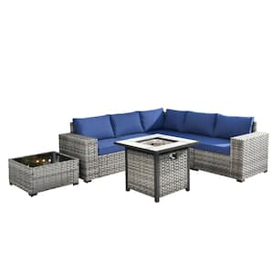 Moonriver 7-Piece Wicker Outdoor Patio Fire Pit Conversation Sectional Sofa Set with Navy Blue Cushions