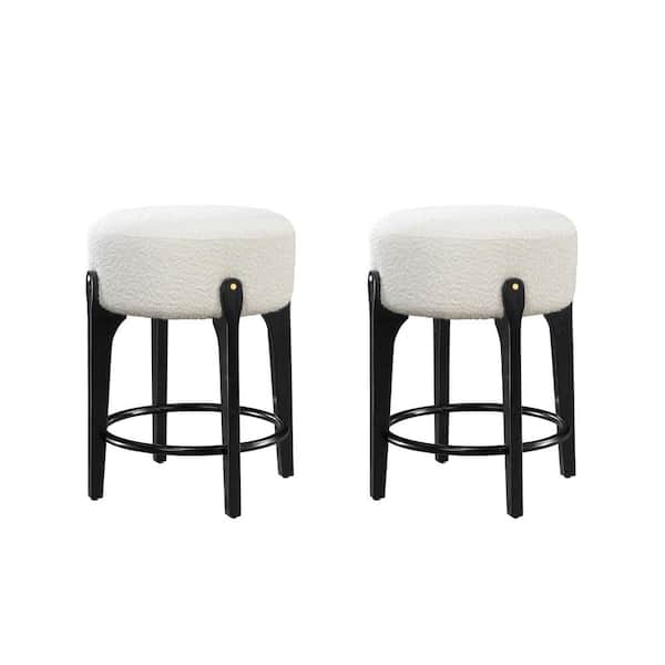 LuXeo Ellie 24 in. Black Backless Wood Counter Stools with White Boucle Fabric Seat Set of 2