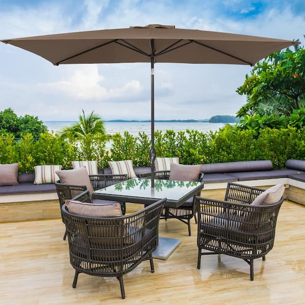 JOYESERY 10 ft. x 6.5 ft. Rectangle Market Tilt Patio Umbrellas with Button in Cedar Brown