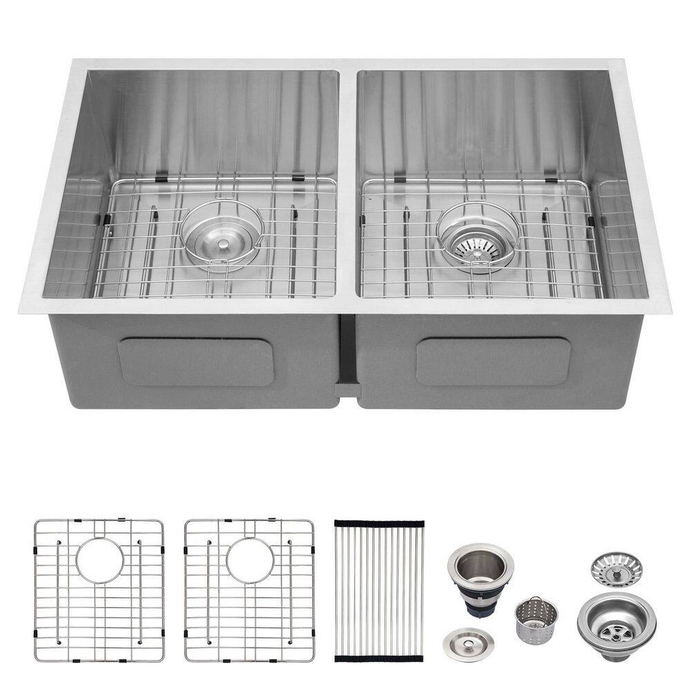 32 in. Undermount Double Bowl Sink 50/50 16-Gauge Brushed Stainless Steel Kitchen Sink with Bottom Grid price history on PriceWatchPro