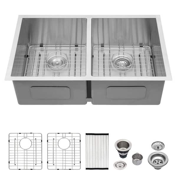 Logmey 28 in. Undermount Double Bowl 50/50 16-Gauge Brushed Stainless Steel Kitchen Sink with Bottom Grid and Drying Rack