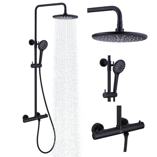 3-Spray Patterns 9 in. Thermostatic Rain Shower Faucet Wall Mount Dual Shower Heads with Spot Resist in Matte Black