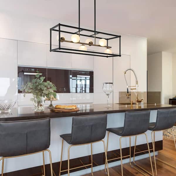 35-Watt Integrated LED Black Chandelier Island, 6-Light Caged Hanging Pendant with Globe Frosted Glass Shades