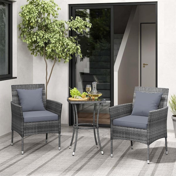 Costway 3-Piece Wicker Patio Furniture Set with Tempered Glass Coffee Table and Grey Cushions