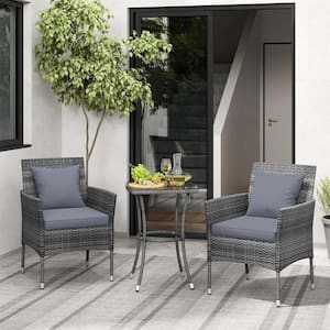 3-Piece Wicker Patio Furniture Set with Tempered Glass Coffee Table and Grey Cushions