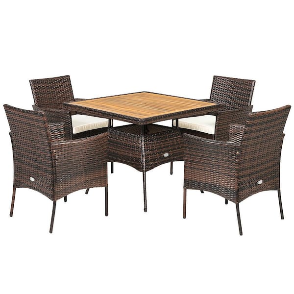 WELLFOR 5-Piece Wicker Outdoor Dining Set with Off white Cushion and Wood Table Top