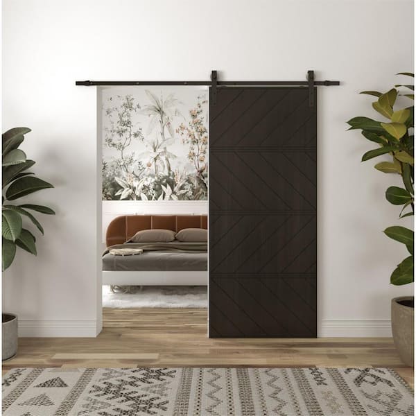 30 in. x 84 in. Black, Wood Panel Textured, MDF and PVC Covering, Finished Barn Door Slab with Barn Door All Hardware
