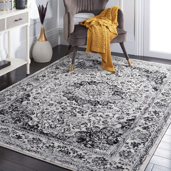 Tulum 7 ft. x 7 ft. Ivory/Black Distressed Abstract Floral Square Area Rug