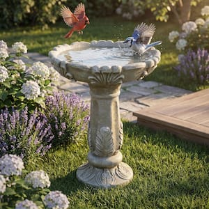 23.6 in. Outdoor Birdbath for Garden -Fibre Reinforced Concrete Pedestal Birdbath for Patio, Lawn, Yard and Wild Birds