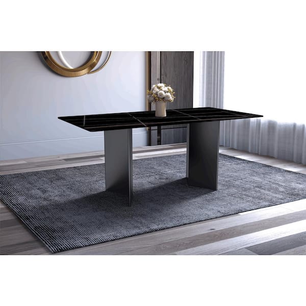 Leisuremod Olyra Dining Table with a 62 in. Rectangular Sintered Stone Tabletop and Stainless Steel Base in Black/Gold
