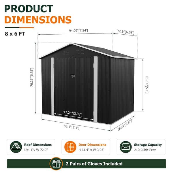 Sizzim 8 ft. W x 6 ft. D Black Metal Shed with Floor, Lockable