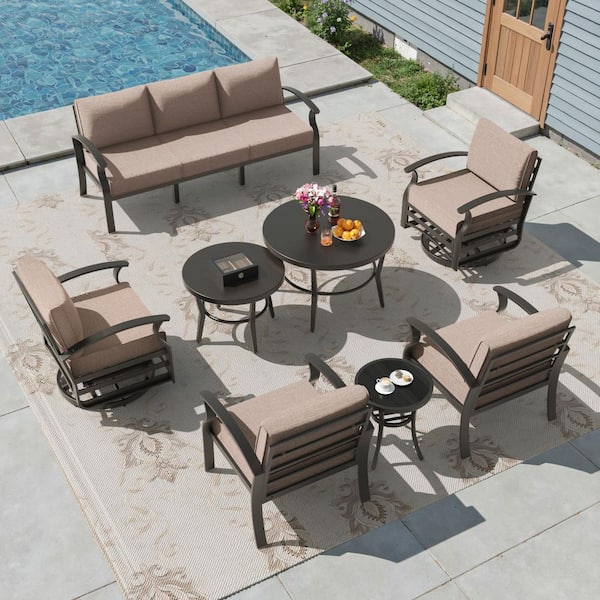 8-Piece Aluminum Patio Conversation Set with 1 Big Round Table, 1 Small Round Table and Cushion Khaki