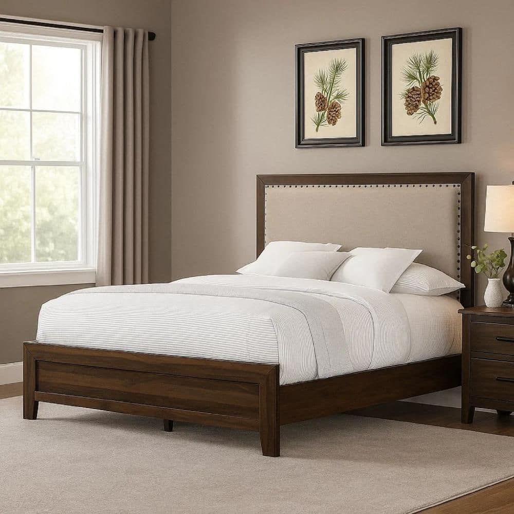 Shannon Cherry Brown and Ivory Wood Frame Full Panel Bed with Upholstered Headboard
