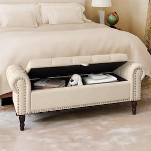 Cerella 50 in.Linen Tufted Fabric Upholstered Storage Bedroom Bench Rolled Arm Button Tufted Storage Ottoman