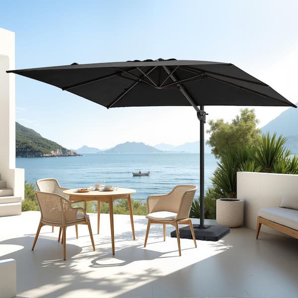 9 ft. x 11 ft. Rectangular Aluminum Offset Cantilever Swivel Tilt Patio Umbrella in Black with 4-Piece Base