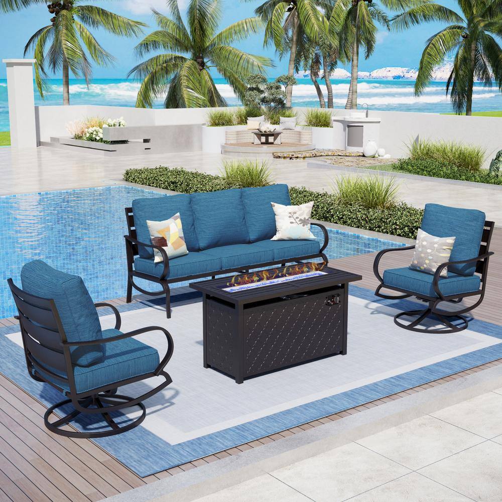 Metal 5 Seat 4-Piece Outdoor Patio Conversation Set with Peacock Blue Cushions Swivel Chairs Rectangular Fire Pit Table price history on PriceWatchPro