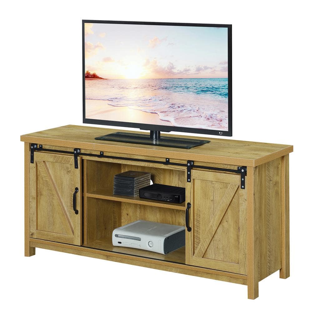 Farmhouse English Oak TV Stand with Sliding Barn Doors and Storage