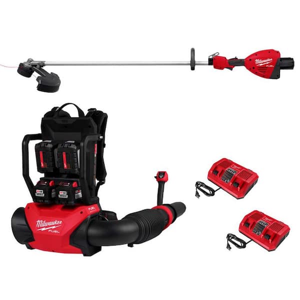 Milwaukee M18 FUEL 18V Brushless Cordless Dual Battery Backpack Blower w/Straight Shaft String Trimmer, 4 Battery, 2 Charger