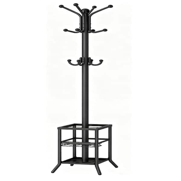 Coat Rack Freestanding with Umbrella Holder,Metal Coat Tree with 12 Hooks for Bedroom,Black