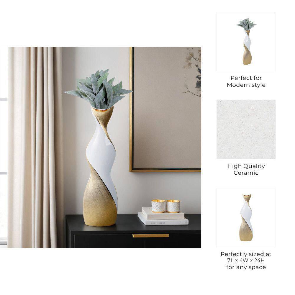 24" Twisted White and Gold Ceramic Vase