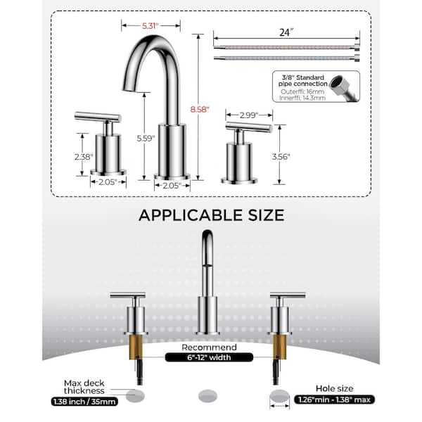 Chrome Bathroom Faucet 3 Hole, 8 Inch Bathroom Sink Faucet Widespread with 360° Swivel Spout