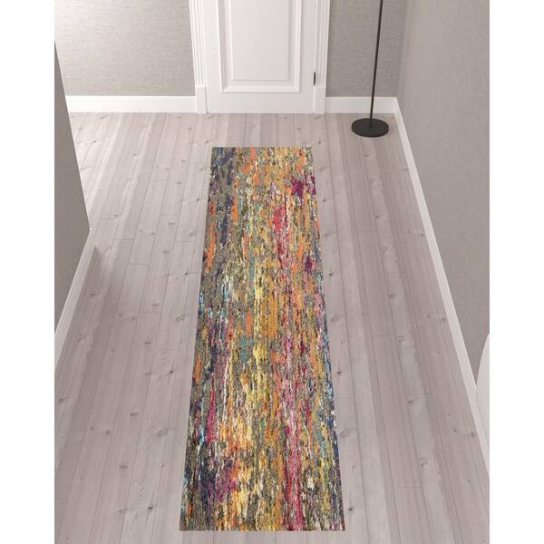2 ft. x 10 ft. Blue Abstract Washable Area Rug