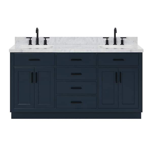 Hepburn 67 in. W x 22 in. D x 36 in. H Double Freestanding Bath Vanity in Midnight Blue with Carrara White Marble Top