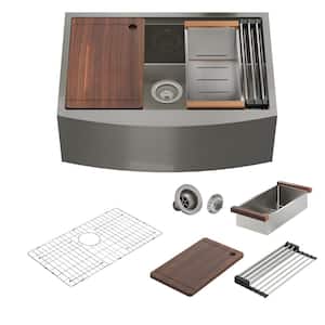 36 in. Farmhouse/Apron-Front Single Bowl Brushed 12-Gauge Stainless Steel Kitchen Sink with Cutting Board, Accessories