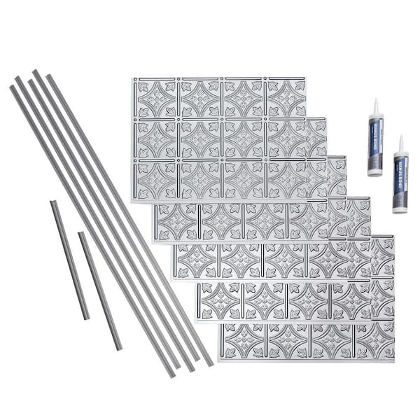 Fasade Traditional 1 18 in. x 24 in. Argent Silver Vinyl Decorative Wall Tile Backsplash 15 sq. ft. Kit