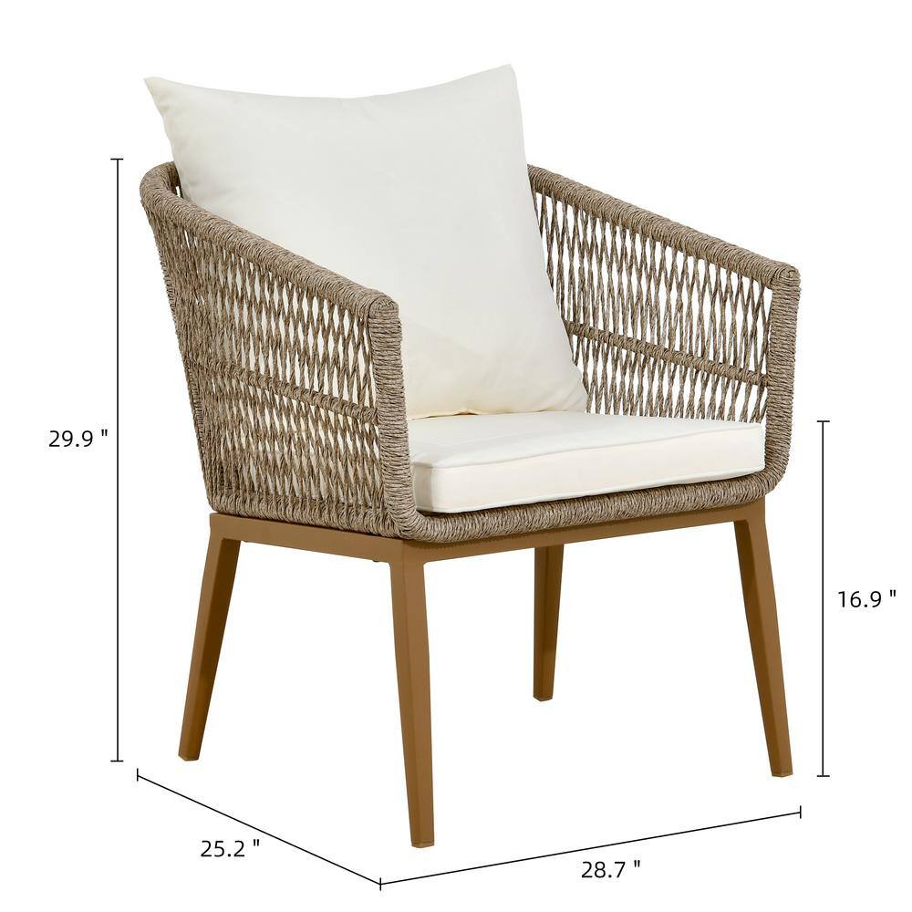 Tan Wicker Dining Chair with Cushions and Steel Frame