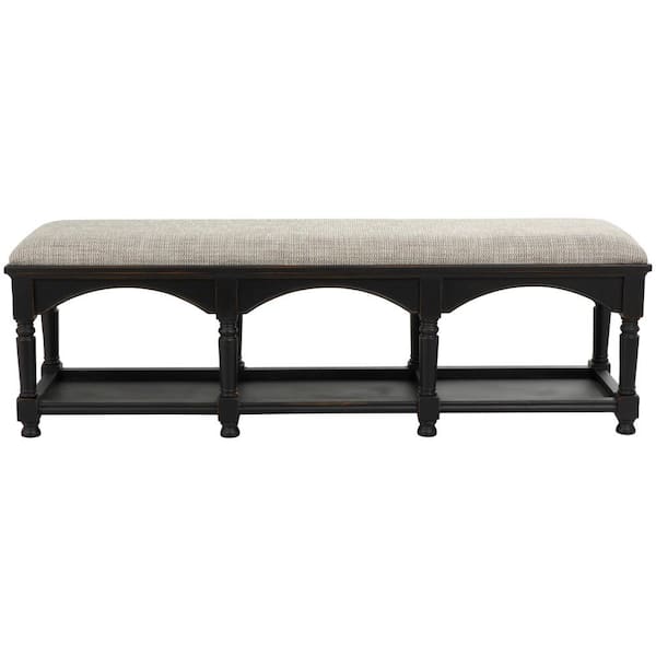Litton Lane Black Arched Storage Bedroom Bench with Traditional Turned Legs and Beige Cushion 19 in. x 59 in. x 16 in.