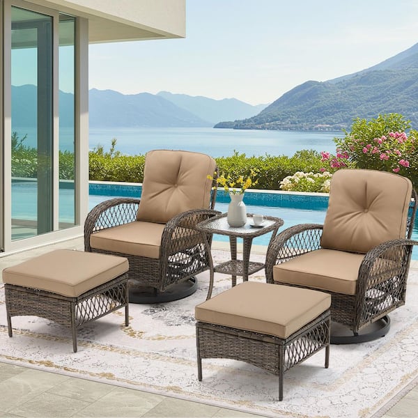 Unbranded 5-Piece Outdoor Furniture Set, Wicker Patio Conversation Set, Swivel Rocking Chairs with Ottomans and Glass Table, Khaki