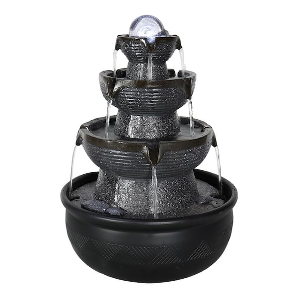 14. 6 in. Resin Tabletop Fountain 4-tiered LED Running Ball Illuminated Waterfall Fountain for Home, Office Decoration