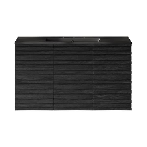 Cascade 36 in. Wall-Mounted Bath Vanity in Black Oak with Black Ceramic 3-Hole Widespread Sink Top