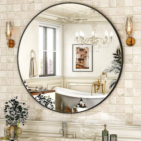 30 in. W x 30 in. H Round Black Vanity Mirror with Brushed Aluminum Alloy Frame Modern Decoration Wall Mirror