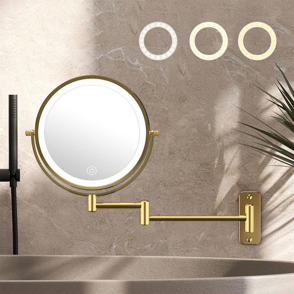 8 in. W x 8 in. H Round LED Metal Wall Miror 7 x Magnification Bathroom Makeup Mirror in Gold