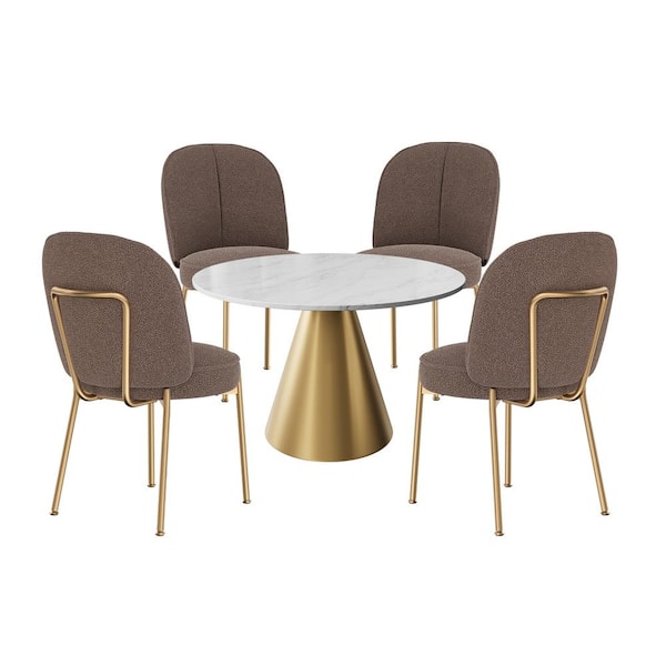 Clihome 5-Piece Dining Set Round White Marble Top Table with Olive Green Teddy Plush Chairs