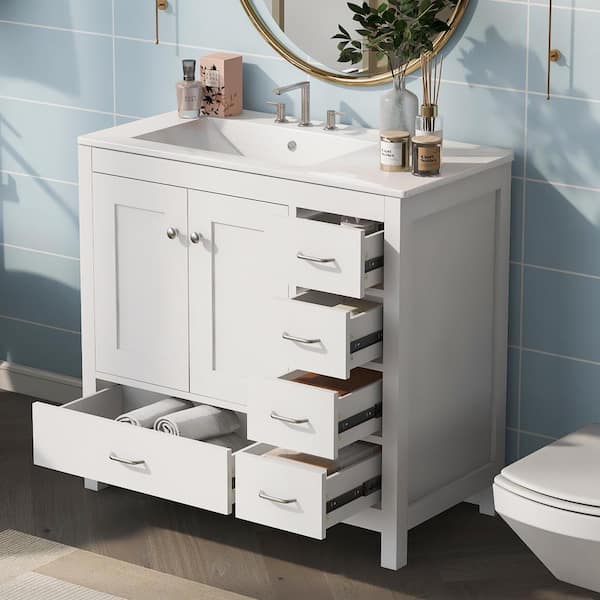 36 in. W x 18 in. D x 33.9 in. H Single Sink Freestanding Bath Vantiy in White with White Ceramic Top