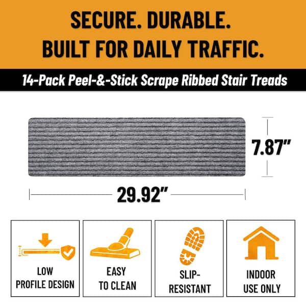 Non-Slip 7.8 in. x 30 in.-Peel and Stick Carpet Step Covers for Indoor Wood Stair Tread Cover (14-Pack), Grey