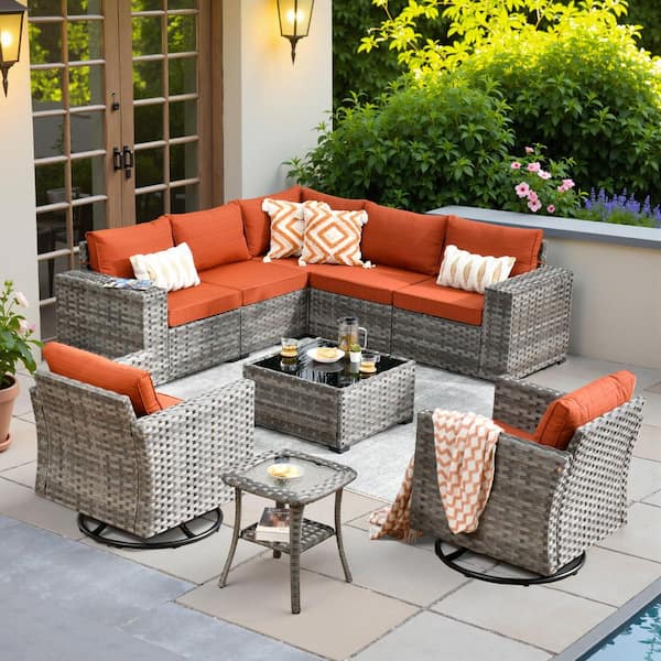 OVIOS Zoila Gray 9-Piece Wicker 7.68 in. Wide Arm Outdoor Sectional Set with Orange Red Cushions and Swivel Rocking Chairs
