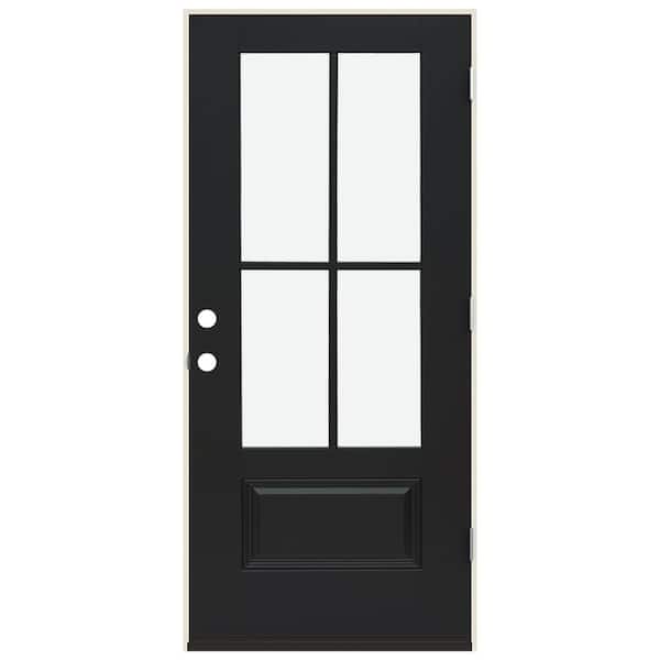 JELD-WEN 36 in. x 80 in. Left-Hand 4 Lite Clear Glass Black Painted Fiberglass Prehung Front Door with Brickmould