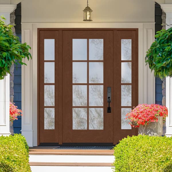 Regency 68 in. x 80 in. Full Lite 8 Lite Clear Glass LH Chestnut Mahogany Fiberglass Prehung Front Door w/Dbl 14in.SL