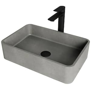 Concreto Stone 20 in. Rectangular Vessel Bathroom Sink in Gray with Norfolk Faucet and Pop-Up Drain in Matte Black