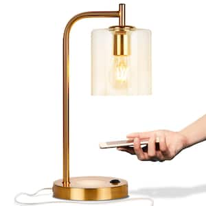 Elizabeth 16 in. Antique Brass Mid-Century Modern LED Desk Table Lamp with Built-In USB Port and Wireless Charging Pad