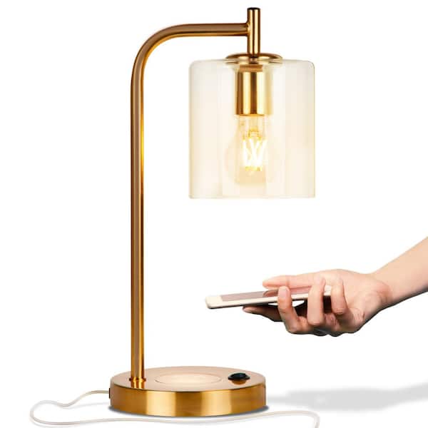 Brightech Elizabeth 16 in. Antique Brass Mid-Century Modern LED Desk Table Lamp with Built-In USB Port and Wireless Charging Pad