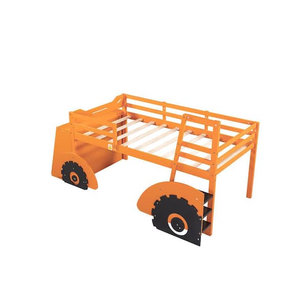 Angel Sar Orange Twin Size Forklift Car-Shaped Loft Bed with Storage Shelves