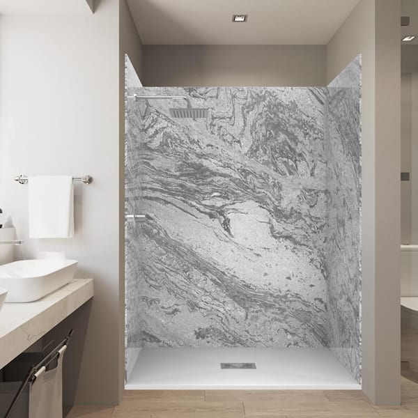 Ocean Gray 32 in. x 60 in. x 84 in. Solid Composite Stone Alcove Shower Kit with Walls and White Pan Base Center Drain