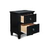 Black 2-drawer nightstand with both drawers open.