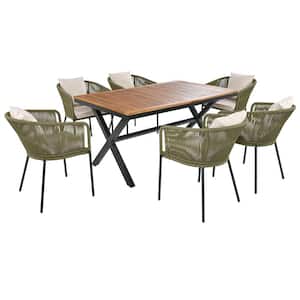 7-Piece Metal and Green Rope Patio Outdoor Dining Set Armrest Chairs with Brown Acacia Wood Tabletop and Beige Cushions