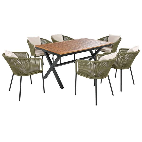 Runesay 7-Piece Metal and Green Rope Patio Outdoor Dining Set Armrest Chairs with Brown Acacia Wood Tabletop and Beige Cushions